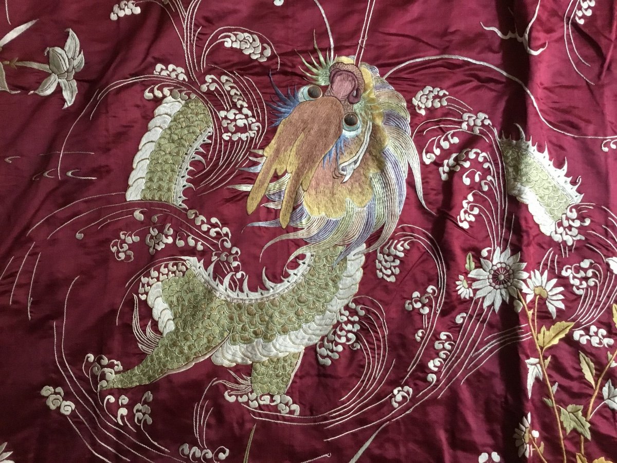 Embroidered Bedspread On Carmine Red Silk, China, Circa 1900-photo-4