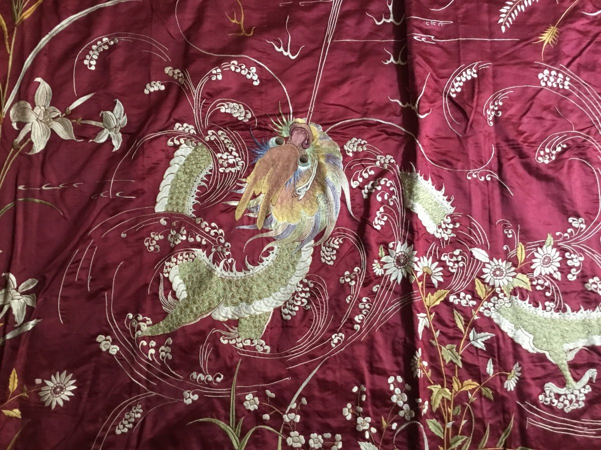 Embroidered Bedspread On Carmine Red Silk, China, Circa 1900-photo-5