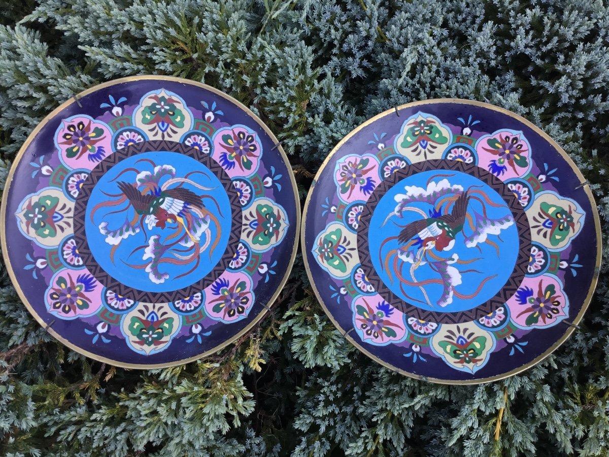 Pair Of Cloisonne Enamel Dishes From Japan With Phoenixes, 19th Century-photo-2