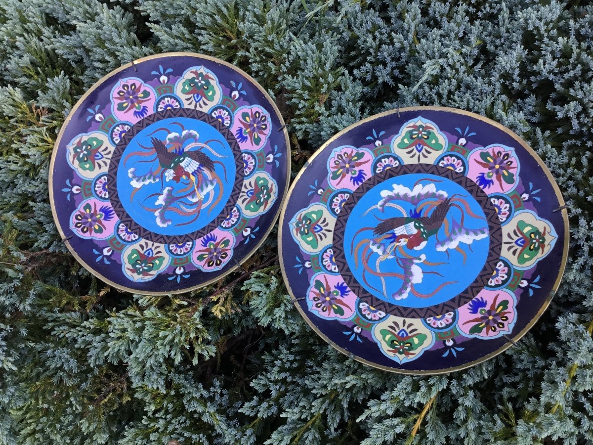 Pair Of Cloisonne Enamel Dishes From Japan With Phoenixes, 19th Century-photo-3