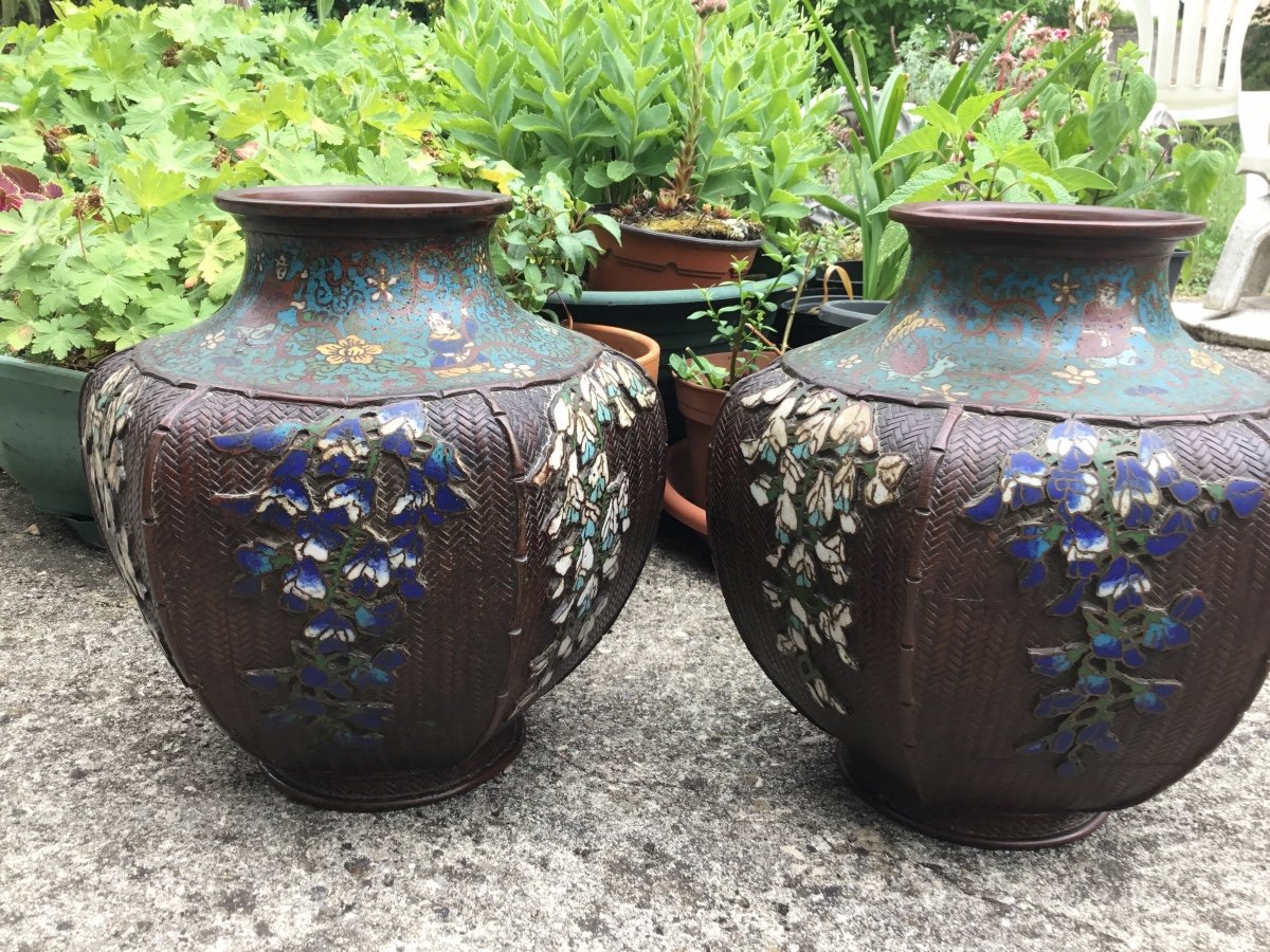 Imposante Paire De Vases En émaux Japonais Vannerie Et Glycines -photo-2