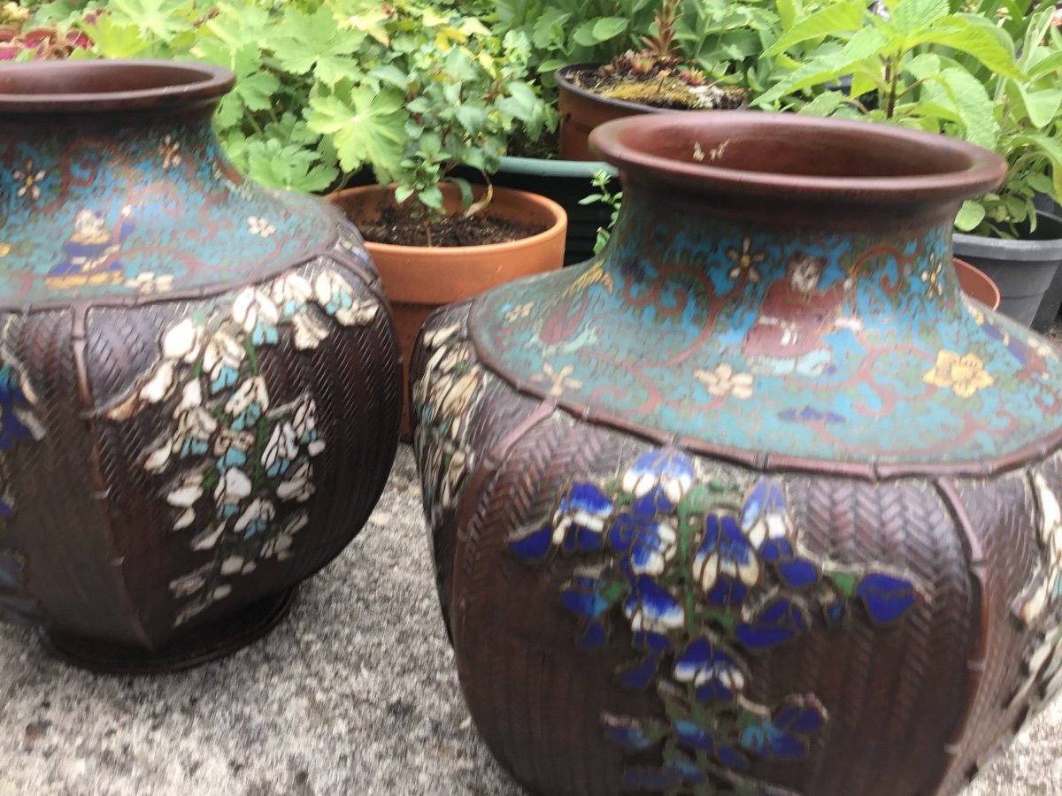 Imposing Pair Of Vases In Japanese Enamels Basketry And Wisteria-photo-3