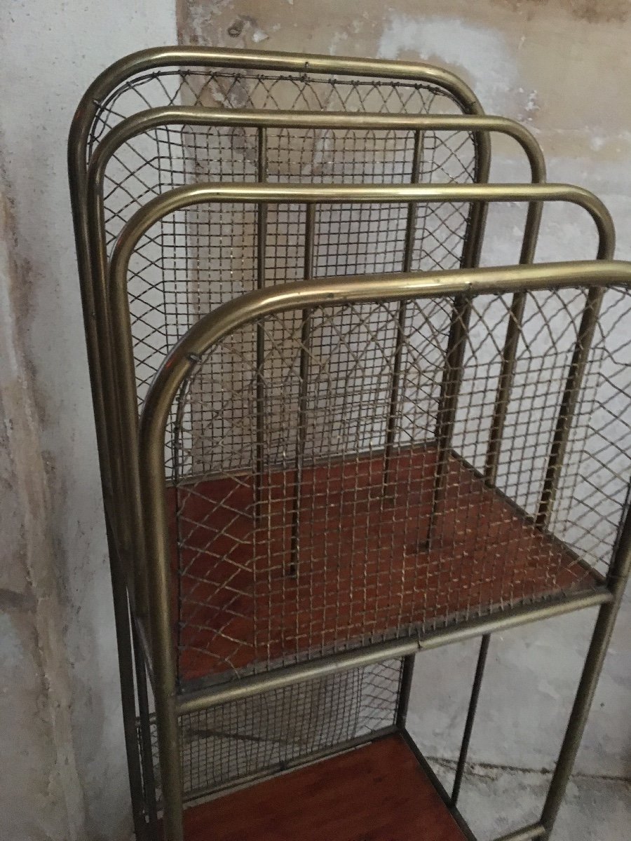 Magazine Rack And Wood And Mesh Brass, Circa 1950-photo-1