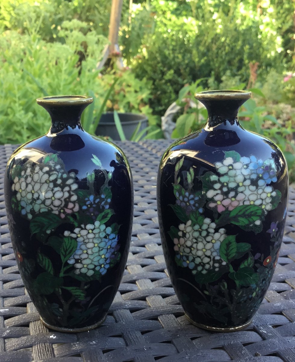 Paire De Vases Japonais Miniatures Aux Hortensias -photo-4