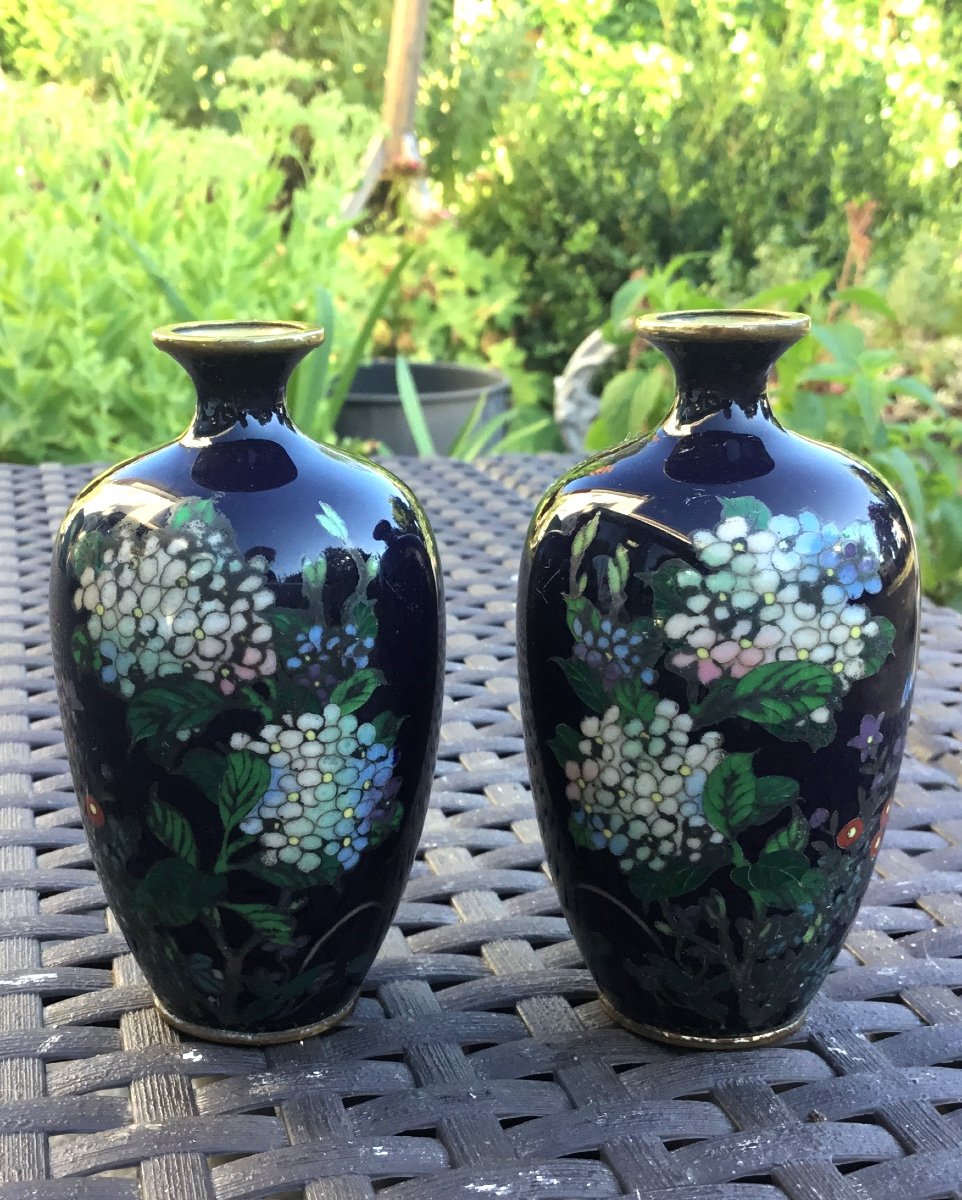 Paire De Vases Japonais Miniatures Aux Hortensias -photo-6