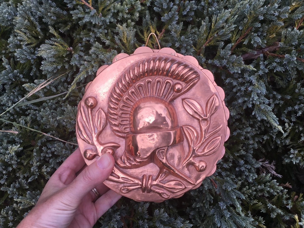 Rare Tinned Copper Cake Mold. Helmet Decor-photo-7