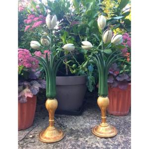 Two Large Bouquets Of Tulips On Golden Wood