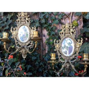 Pair Of Small Mirror Sconces With Putti