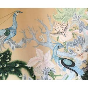 Couple Of Birds And Orchids, Silk Painting