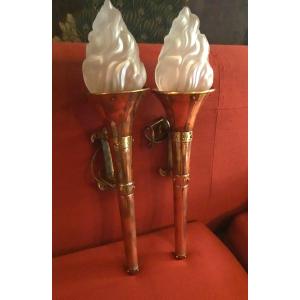 Pair Of Twentieth-century Copper Torch Sconces