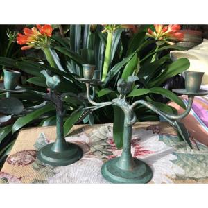 Pair Of Patinated Bronze Candlesticks With Birds