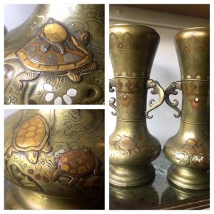 Pair Of Vases With Turtles Japan Meiji, Shibuichi