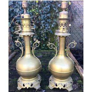 Pair Of Large Oil Lamps In Golden Brass, Napoleon III