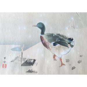 Green Collar Under The Snow, Signed Japanese Print