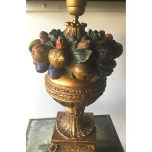 Pied De Lampe En Bois Sculpté Polychrome Bouquets De Fleurs Et Fruits