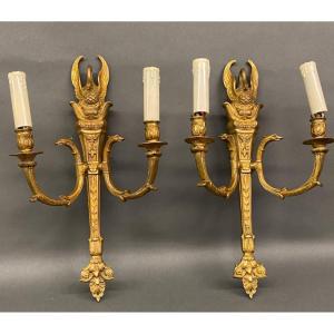 Pair Of Gilt Bronze Sconces, With Swans