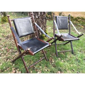 Paire De Chaises Pliantes En Bois Façon Bambou Et Cuir