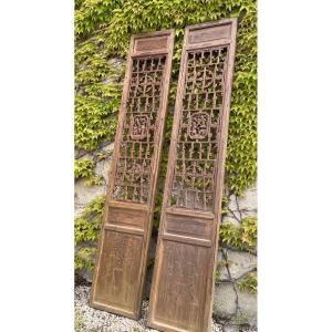 La Paire De Très Grands  Panneaux De Cloison Sculptés Personnages  Et Fleurs , Chine XIXème