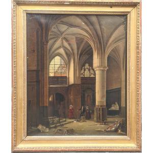 Huile sur toile représentant l'intérieur de saint Germain l'Auxerrois 