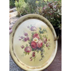 Painted Sheet Metal Tray Decorated With A Bouquet Of Flowers