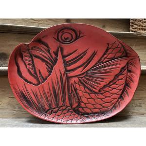 Japanese Red Lacquer Tray Depicting A Fish 