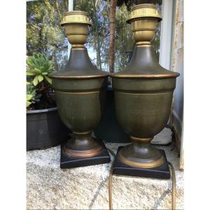 The Pair Of Small Lamps Made Of Green Sheet Metal With Gold Trim