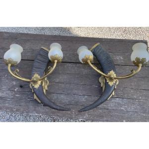 Paire de très grandes appliques de chasse en corne et bronze 62 cm