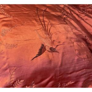 Silk Bedspread Embroidered With Raspberry-colored Birds, 140 Size, China, Late 19th Century