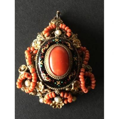 Coral Pendant, Email And Pearls, (6 Cm) Napoleon III