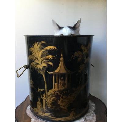 Wastepaper Basket Sheet Metal Decor Chinoiseries, 1900