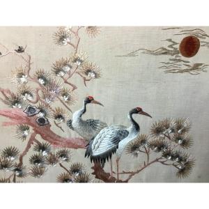 Japanese Embroidery, Two Cranes At Sunset Circa 1900