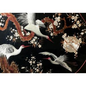 Embroidery, Moonlight Cranes, Art Nouveau, Framed, Japan