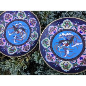 Paire De Plats émail Cloisonné Du Japon Aux Phœnix , 19e Siècle