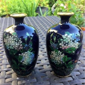 Pair Of Miniature Japanese Vases With Hydrangeas