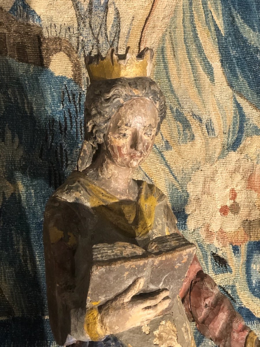 Saint Catherine Of Alexandria, Polychrome Carved Wood Sculpture XVII Eme Century-photo-2