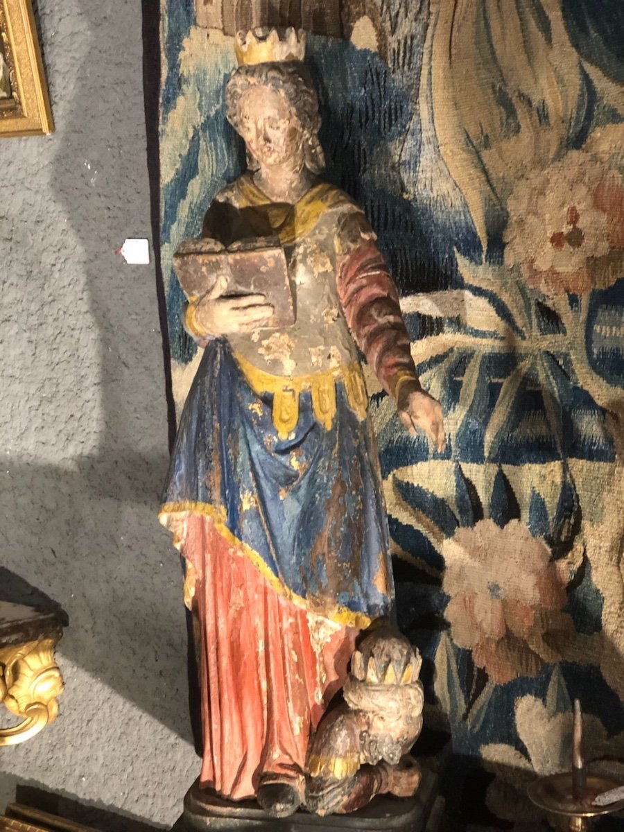 Saint Catherine Of Alexandria, Polychrome Carved Wood Sculpture XVII Eme Century-photo-3