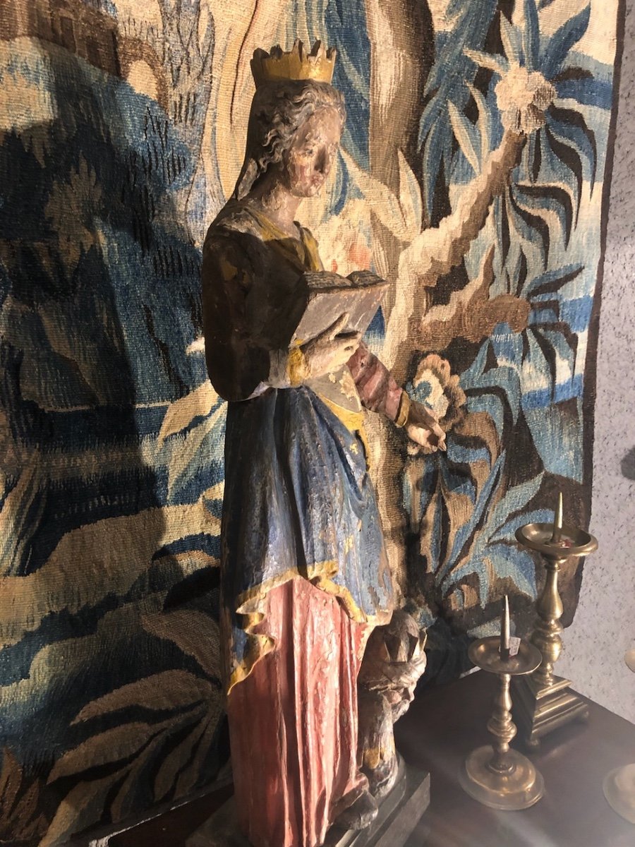 Saint Catherine Of Alexandria, Polychrome Carved Wood Sculpture XVII Eme Century