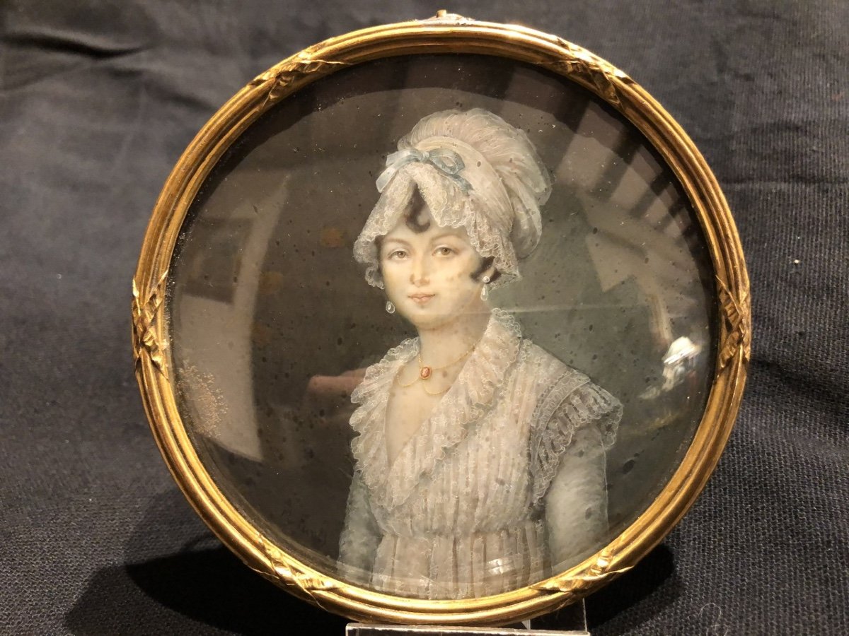 Large Miniature: Portrait Of A Beautiful And Elegant Young Woman French School From The 19th Century -photo-3