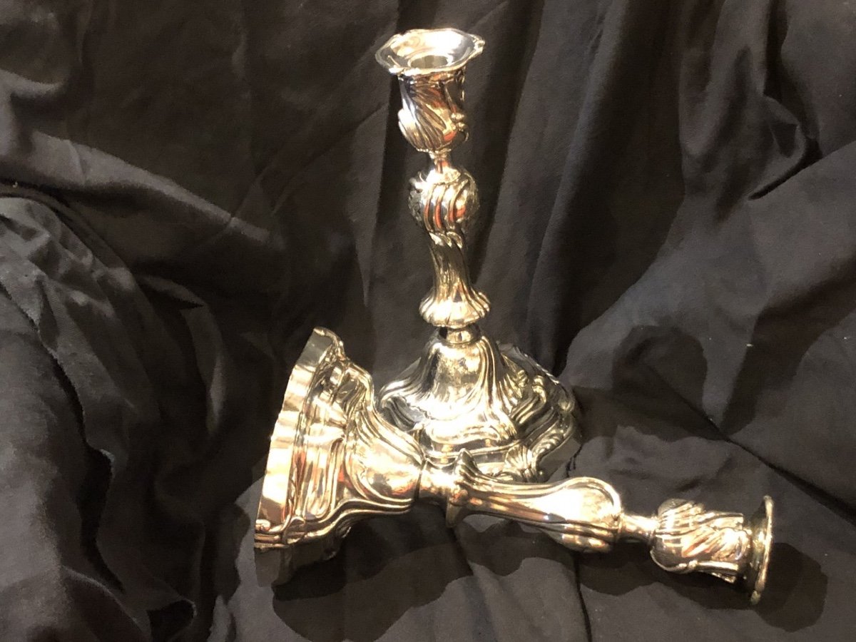 Pair Of Louis XV Rocaille Candlesticks In Silvered Bronze XIX Eme-photo-3