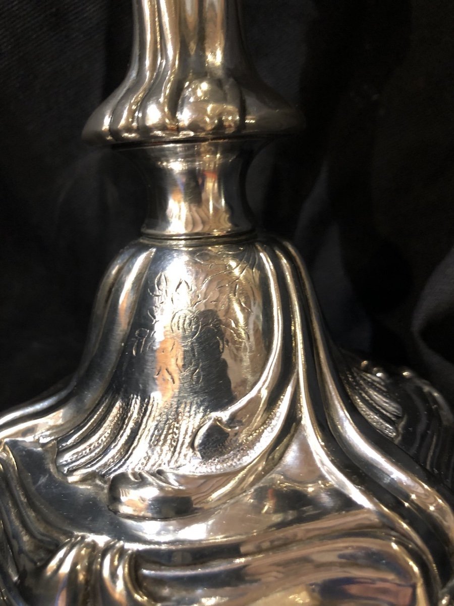Pair Of Louis XV Rocaille Candlesticks In Silvered Bronze XIX Eme-photo-4