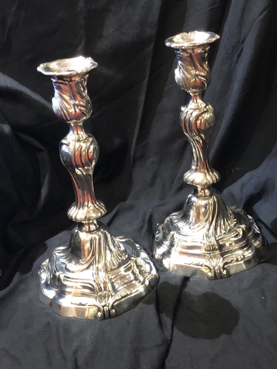 Pair Of Louis XV Rocaille Candlesticks In Silvered Bronze XIX Eme