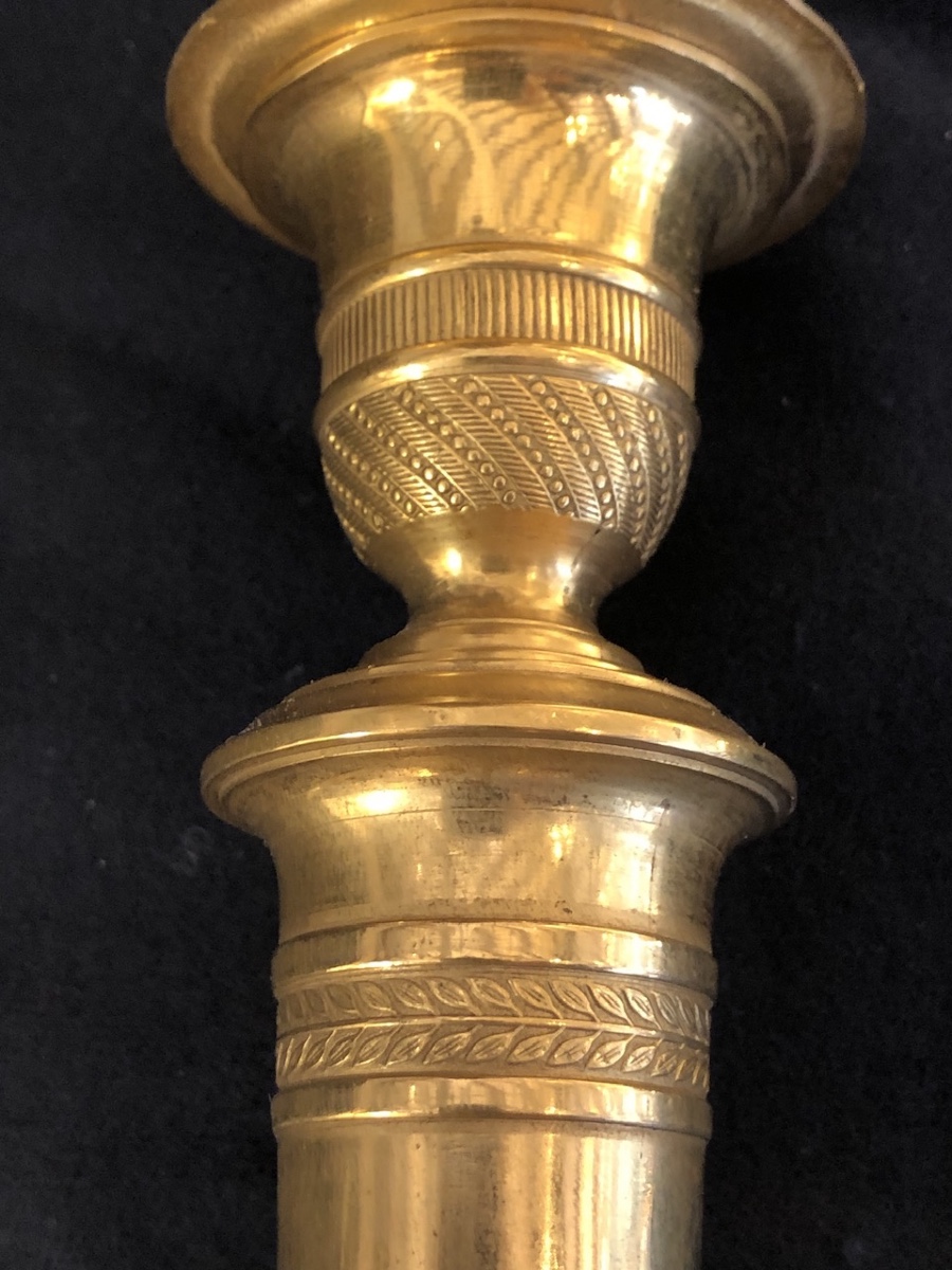 Pair Of Chiseled And Gilded Bronze Candlesticks From The Empire Period -photo-1