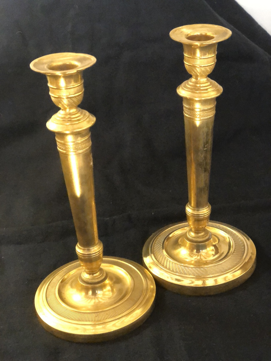 Pair Of Chiseled And Gilded Bronze Candlesticks From The Empire Period 