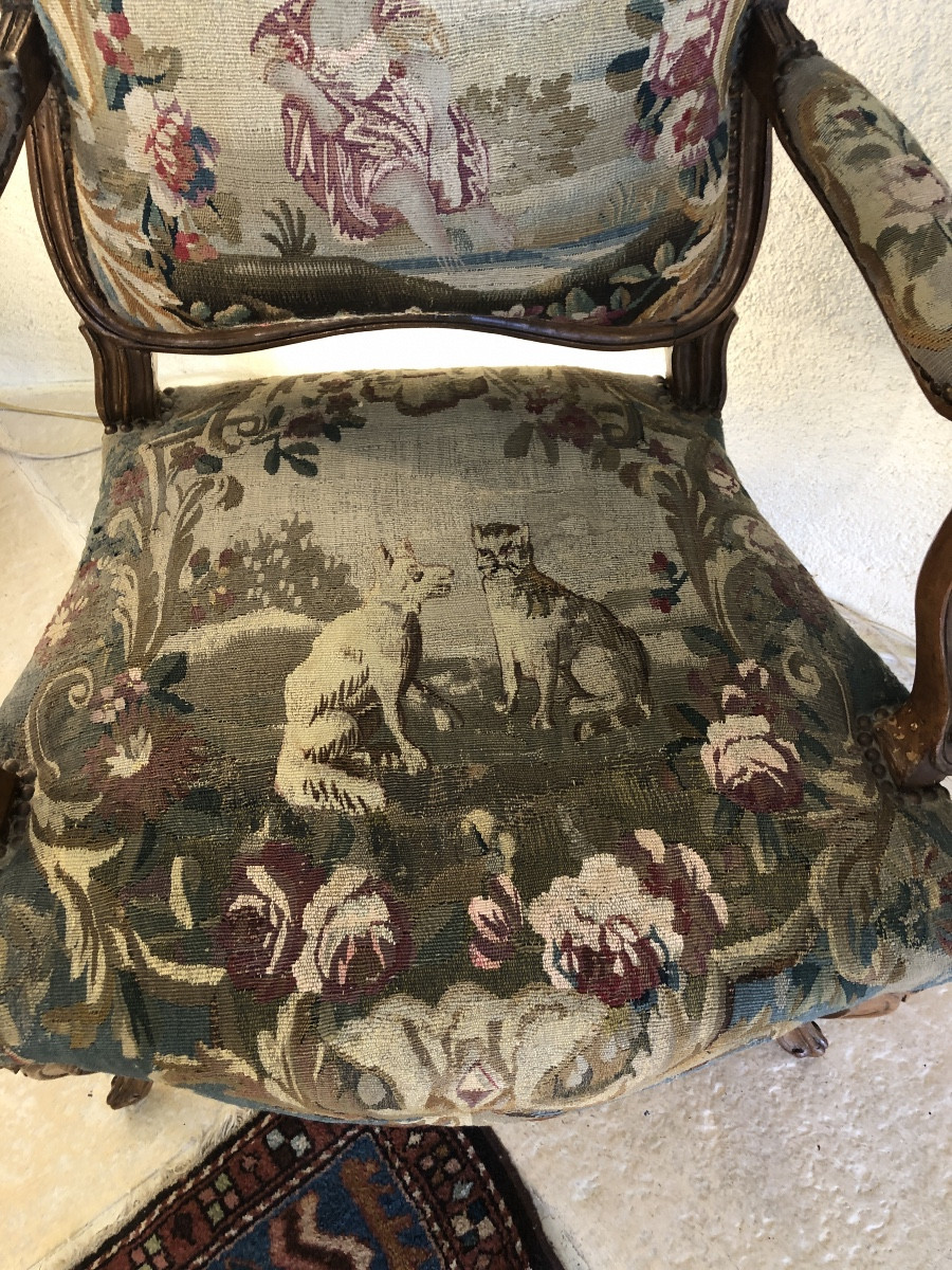 Pair Of Armchairs With Flat Backs - Aubusson Tapestry "fables De La Fontaine Louis XV" -photo-3