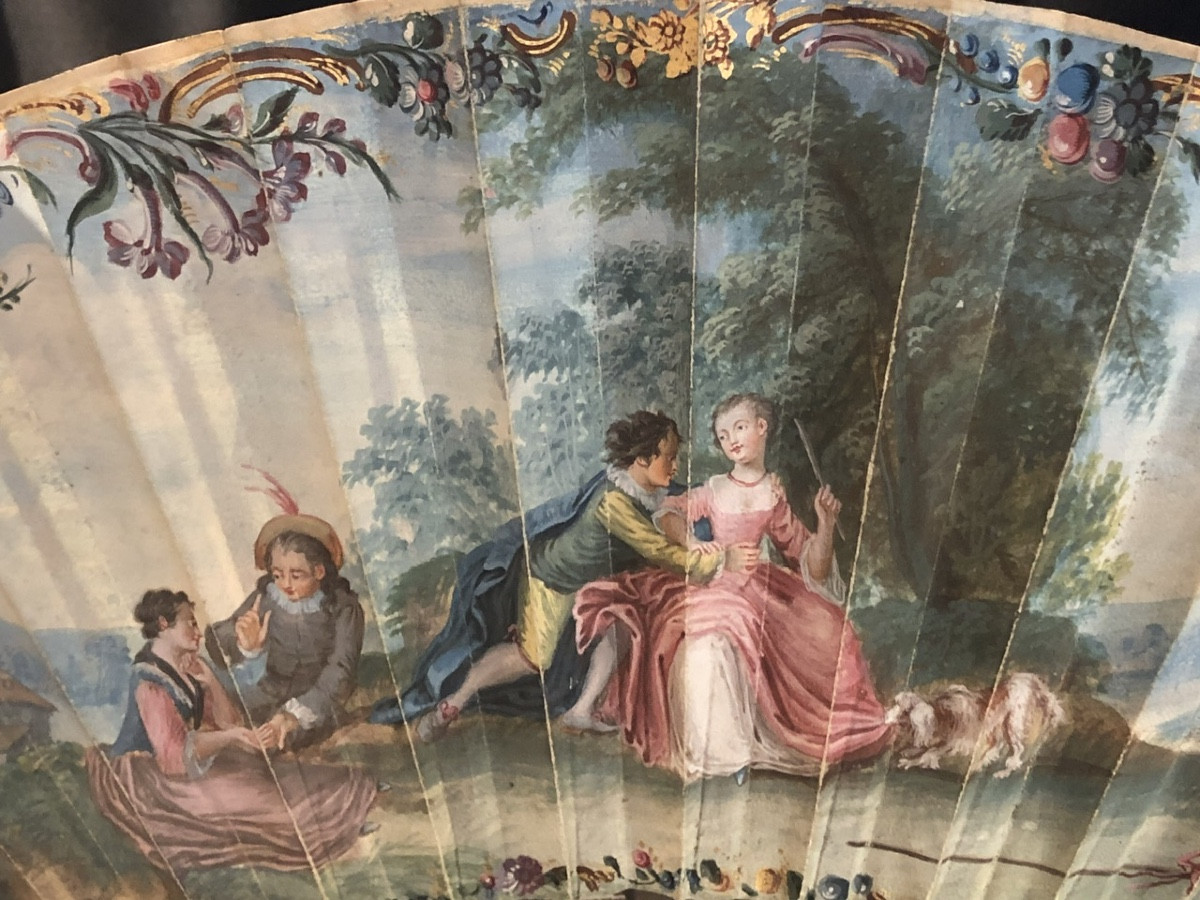 Beautiful Fan Decorated With A “gallant Scene And Birds” From The 18th Century -photo-3