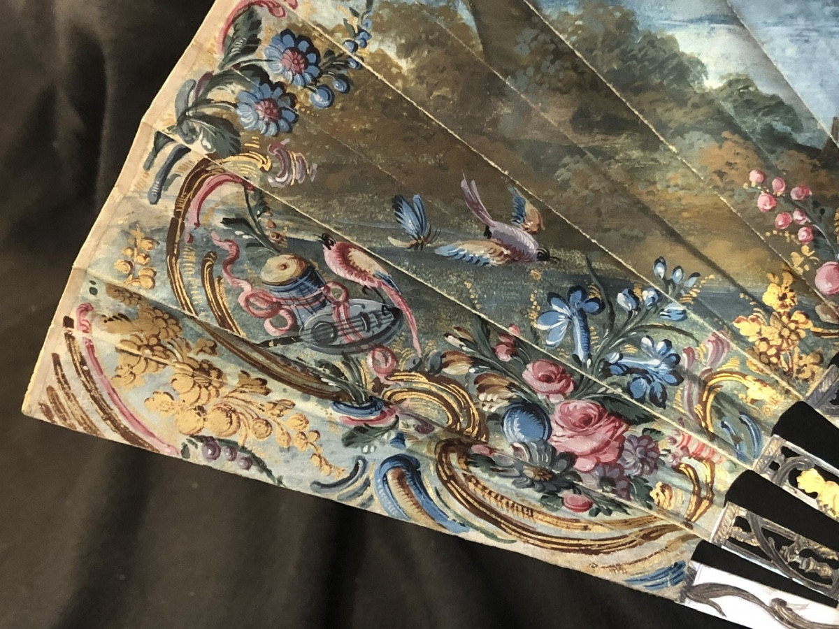 Beautiful Fan Decorated With A “gallant Scene And Birds” From The 18th Century -photo-2