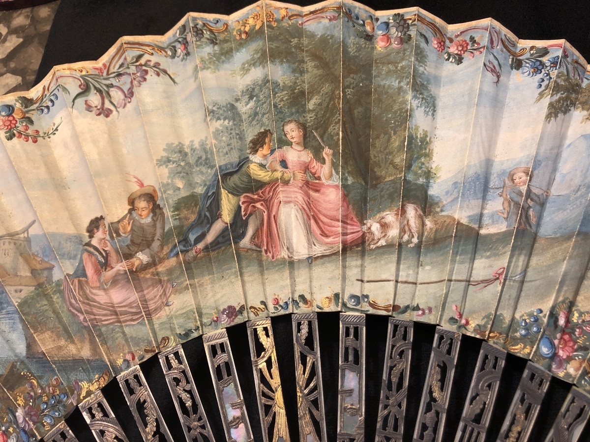 Beautiful Fan Decorated With A “gallant Scene And Birds” From The 18th Century -photo-7