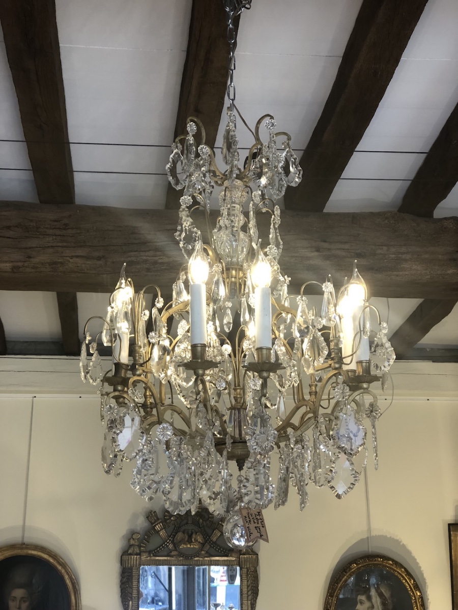 8-light Crystal And Bronze Chandelier, Late 19th Century 