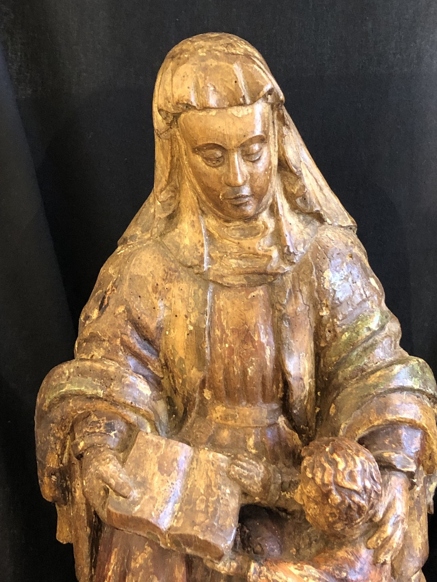 France, 16th Century - The Education Of The Virgin - Polychrome Wood Sculpture 