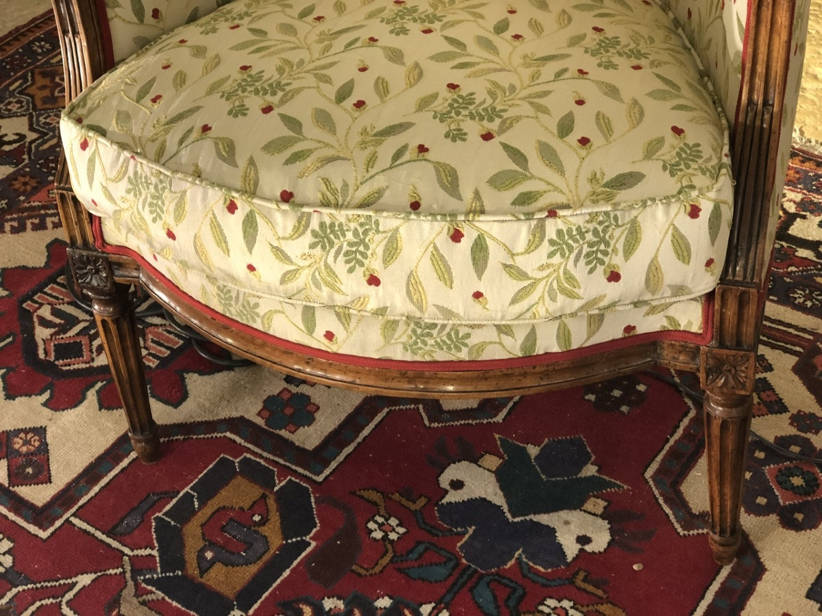 Pair Of Bergère Armchairs - Gendarme's Hat Style Backrest - Walnut - Louis XVI Period -photo-4